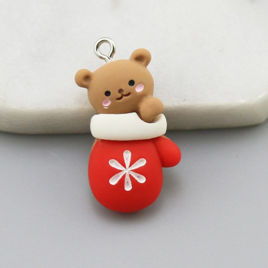 Image de 10 PCs Resin Christmas Charms Glove Bear Silver Tone Red & Brown 27mm x 16mm