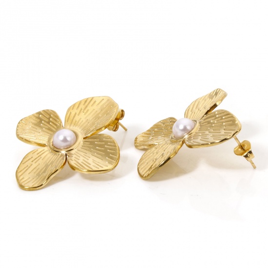 Immagine di 1 Paio Placcatura Sottovuoto Pastorale Naturale Elegante Placcato Oro 18K Acciaio Inossidabile & Perla Imitazione Conchiglia Fiore Shell Imitazione Perla Orecchini a Perno Per Donne Festa 3.5cm x 3.3cm