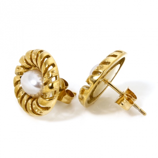 Immagine di 1 Paio Placcatura Sottovuoto Elegante Elegante Placcato Oro 18K Acciaio Inossidabile & Perla Imitazione Conchiglia Ovale Shell Imitazione Perla Orecchini a Perno Per Donne Festa 1.6cm x 1.4cm