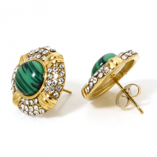 Immagine di 1 Paio Placcatura Sottovuoto Boemia Elegante Placcato Oro 18K 304 Acciaio Inossidabile & Strass Bottone Tondo Imitazione Malachite Orecchini a Perno Per Donne Festa 1.6cm x 1.6cm