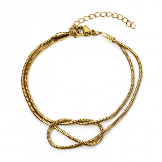 Immagine di 1 Pz 304 Acciaio Inossidabile Doppio Strato Catena di Serpente Braccialetti Oro Placcato Nodo d'amore 17cm Lunghezza