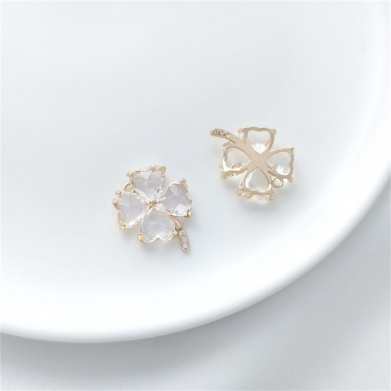 Picture of 1 Piece Eco-friendly Brass & Glass Charms 14K Real Gold Plated Transparent Clear Four Leaf Clover 20mm x 16.5mm