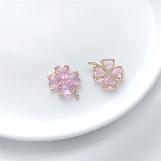 Picture of 1 Piece Eco-friendly Brass & Glass Charms 14K Real Gold Plated Pink Four Leaf Clover 20mm x 16.5mm