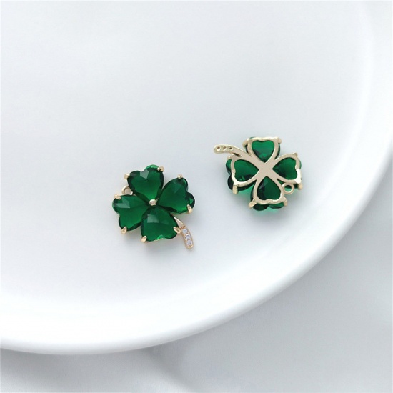 Picture of 1 Piece Eco-friendly Brass & Glass Charms 14K Real Gold Plated Green Four Leaf Clover 20mm x 16.5mm