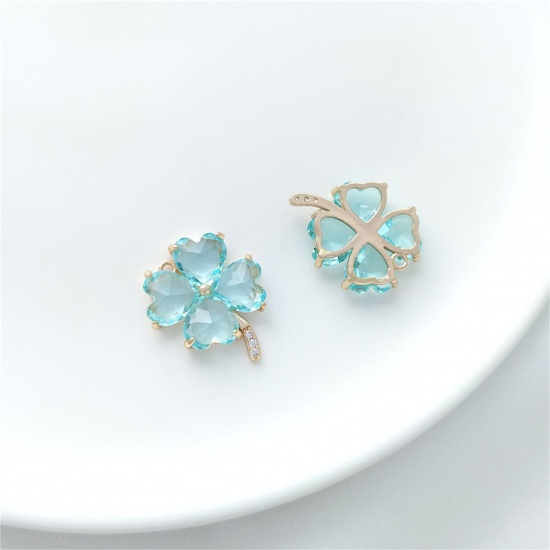 Picture of 1 Piece Eco-friendly Brass & Glass Charms 14K Real Gold Plated Blue Four Leaf Clover 20mm x 16.5mm