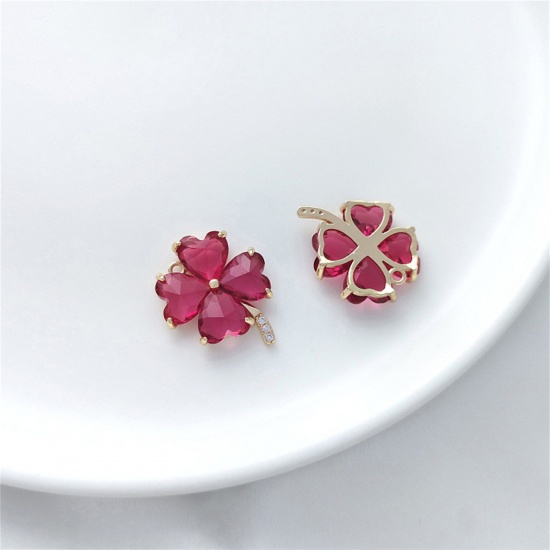 Picture of 1 Piece Eco-friendly Brass & Glass Charms 14K Real Gold Plated Fuchsia Four Leaf Clover 20mm x 16.5mm