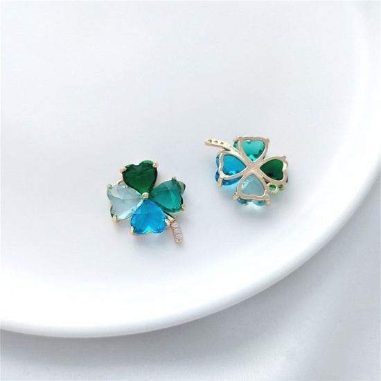 Picture of 1 Piece Eco-friendly Brass & Glass Charms 14K Real Gold Plated Green Blue Four Leaf Clover Gradient Color 20mm x 16.5mm