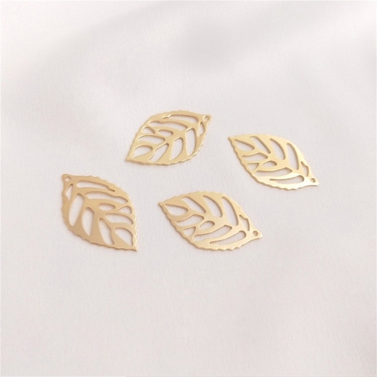 Picture of 2 PCs Eco-friendly Brass Charms 14K Real Gold Plated Leaf Hollow 24mm x 14mm