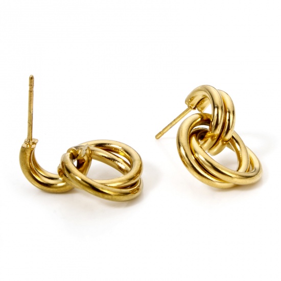 Picture of 1 Pair Vacuum Plating Simple & Casual Classic 18K Gold Plated 304 Stainless Steel Knot Circle Ear Post Stud Earrings For Women Party 2cm x 1.5cm