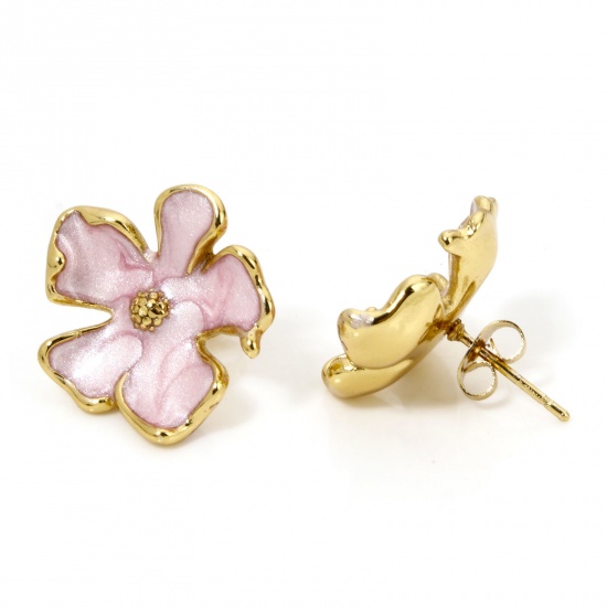 Picture of 1 Pair Vacuum Plating Sweet & Cute Stylish 18K Gold Plated Pink 304 Stainless Steel Flower Enamel Ear Post Stud Earrings For Women Party 2cm x 1.9cm