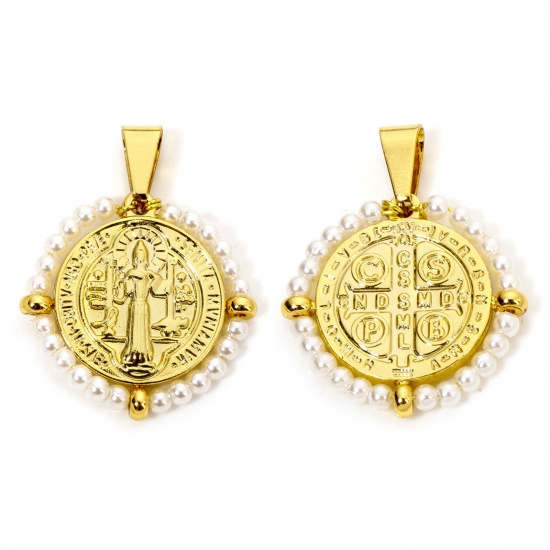 Image de 1 Pièce Pendentifs en 304 Acier Inoxydable Religieux Rond Doré Blanc Médaille Saint-Benoît Perlé 3.6cm x 2.8cm