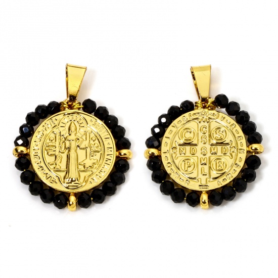 Image de 1 Pièce Pendentifs en 304 Acier Inoxydable Religieux Rond Doré Noir Médaille Saint-Benoît Perlé 3.6cm x 2.8cm