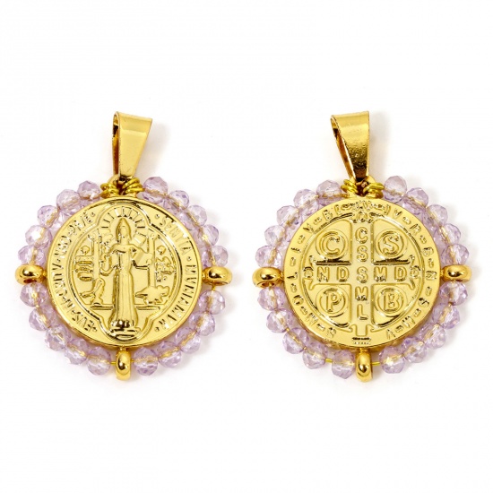 Image de 1 Pièce Pendentifs en 304 Acier Inoxydable Religieux Rond Doré Mauve Médaille Saint-Benoît Perlé 3.6cm x 2.8cm