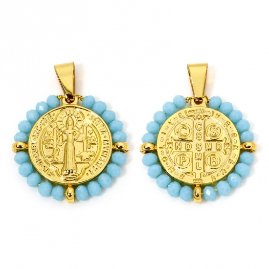 Image de 1 Pièce Pendentifs en 304 Acier Inoxydable Religieux Rond Doré Bleu Clair Médaille Saint-Benoît Perlé 3.6cm x 2.8cm