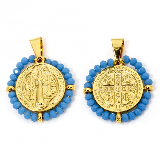 Image de 1 Pièce Pendentifs en 304 Acier Inoxydable Religieux Rond Doré Bleu Médaille Saint-Benoît Perlé 3.6cm x 2.8cm
