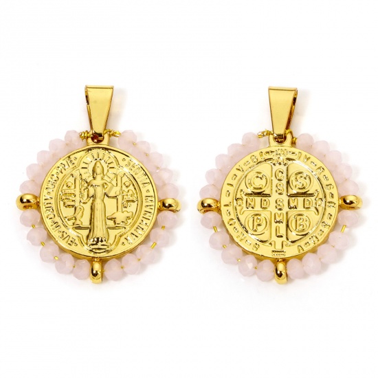 Image de 1 Pièce Pendentifs en 304 Acier Inoxydable Religieux Rond Doré Couleur Pêche Médaille Saint-Benoît Perlé 3.6cm x 2.8cm