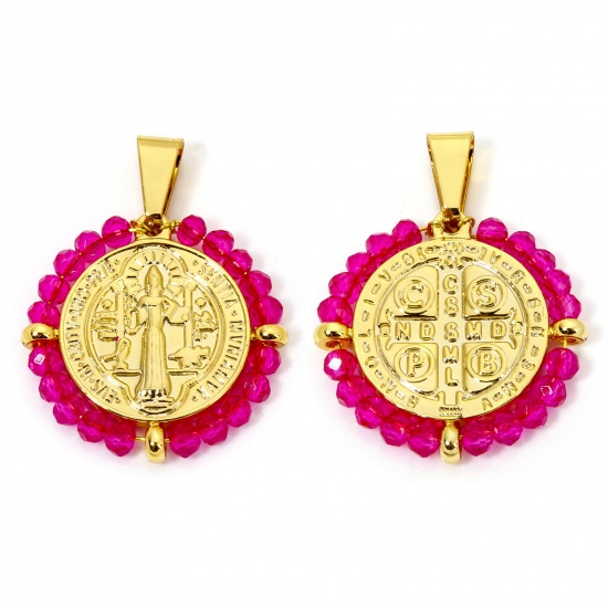 Image de 1 Pièce Pendentifs en 304 Acier Inoxydable Religieux Rond Doré Fuchsia Médaille Saint-Benoît Perlé 3.6cm x 2.8cm