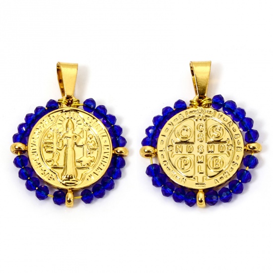 Image de 1 Pièce Pendentifs en 304 Acier Inoxydable Religieux Rond Doré Bleu Foncé Médaille Saint-Benoît Perlé 3.6cm x 2.8cm