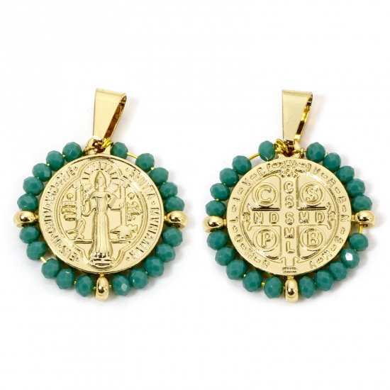 Image de 1 Pièce Pendentifs en 304 Acier Inoxydable Religieux Rond Doré Vert Médaille Saint-Benoît Perlé 3.6cm x 2.8cm