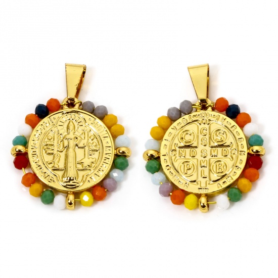 Image de 1 Pièce Pendentifs en 304 Acier Inoxydable Religieux Rond Doré Multicolore Médaille Saint-Benoît Perlé 3.6cm x 2.8cm