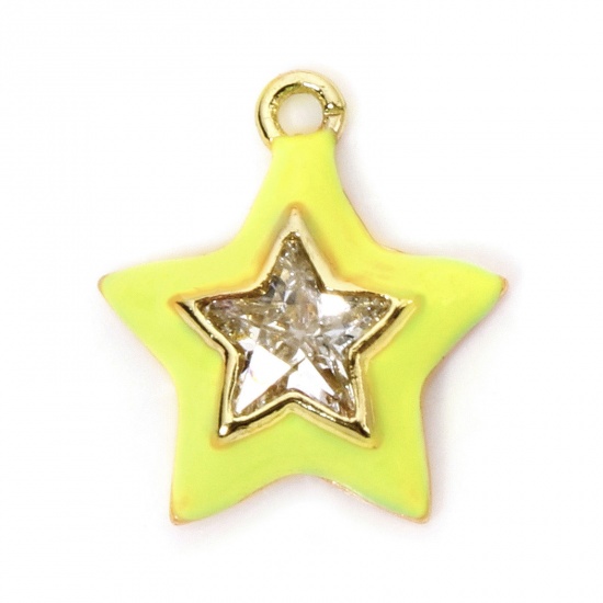 Imagen de 1 Unidad Latón Colgantes Estrellas de cinco puntos Chapado en Oro de 18K Amarillo Esmalte Transparente Rhinestone 13mm x 12mm