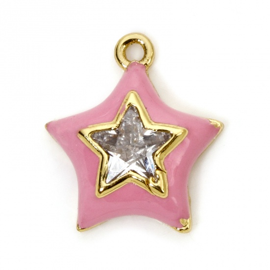 Imagen de 1 Unidad Latón Colgantes Estrellas de cinco puntos Chapado en Oro de 18K Rosado Esmalte Transparente Rhinestone 13mm x 12mm