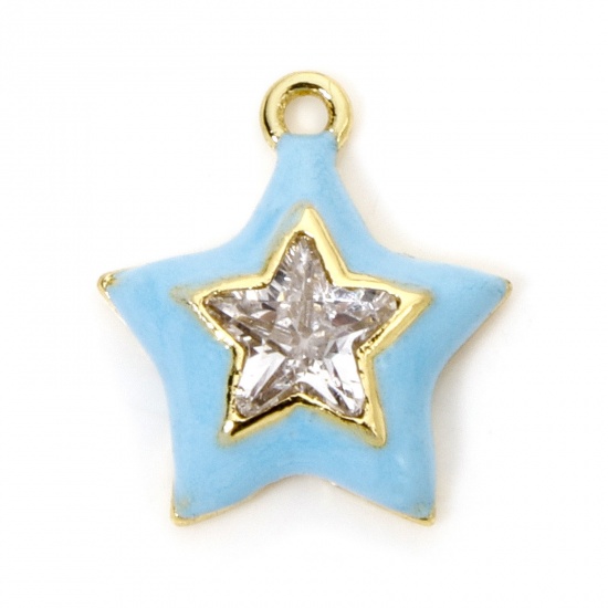 Imagen de 1 Unidad Latón Colgantes Estrellas de cinco puntos Chapado en Oro de 18K Azul Esmalte Transparente Rhinestone 13mm x 12mm