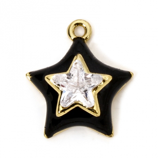 Imagen de 1 Unidad Latón Colgantes Estrellas de cinco puntos Chapado en Oro de 18K Negro Esmalte Transparente Rhinestone 13mm x 12mm