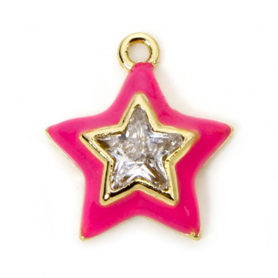 Imagen de 1 Unidad Latón Colgantes Estrellas de cinco puntos Chapado en Oro de 18K Rosa Intenso Esmalte Transparente Rhinestone 13mm x 12mm