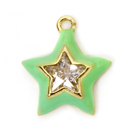 Imagen de 1 Unidad Latón Colgantes Estrellas de cinco puntos Chapado en Oro de 18K Verde Esmalte Transparente Rhinestone 13mm x 12mm