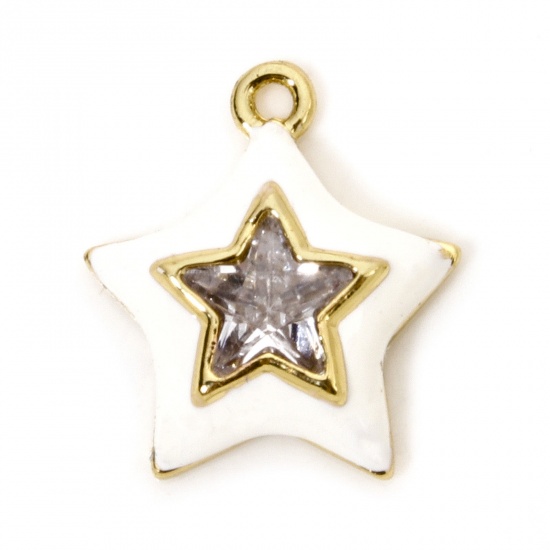 Imagen de 1 Unidad Latón Colgantes Estrellas de cinco puntos Chapado en Oro de 18K Blanco Esmalte Transparente Rhinestone 13mm x 12mm