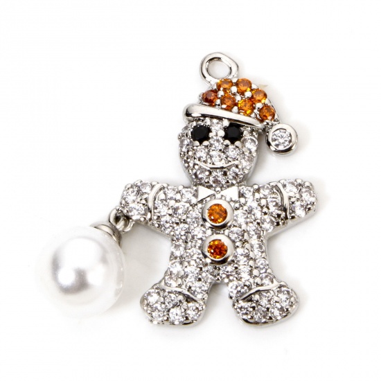 Bild von 1 Stück Messing Micro Pave Charms Platin plattiert Weihnachten Lebkuchenmann Imitat Perle Klar Zirkonia 21mm x 21mm