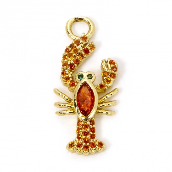 Image de 1 Pièce Breloques Bijoux d'Océan en Laiton Homard Plaqué Or 18K Micro Pave à Zircone Cubique Orange 24mm x 11mm