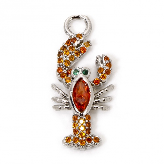 Image de 1 Pièce Breloques Bijoux d'Océan en Laiton Homard Plaqué Platine Micro Pave à Zircone Cubique Orange 24mm x 11mm