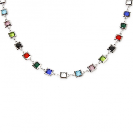 Imagen de 1 Unidad 304 Acero Inoxidable Cadena de Eslabones Hechos a Mano Collares Tono de Plata Cuadrado Con Broche de Langosta y Extensor Cadena Multicolor Rhinestone 40cm longitud