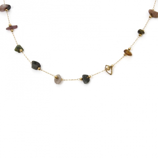 Picture of 1 Piece Vacuum Plating 304 Stainless Steel Beaded Chain Necklace 18K Gold Plated Multicolor Irregular Gravels Chips 40cm(15.7") long