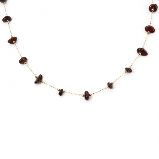 Picture of 1 Piece Vacuum Plating 304 Stainless Steel Beaded Chain Necklace 18K Gold Plated Dark Red Irregular Gravels Chips 40cm(15.7") long