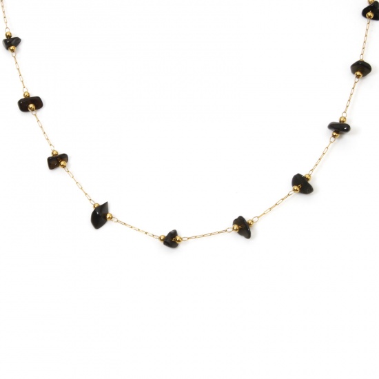 Picture of 1 Piece Vacuum Plating 304 Stainless Steel Beaded Chain Necklace 18K Gold Plated Black Irregular Gravels Chips 40cm(15.7") long