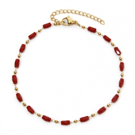 Bild von Großhandel Zylinder Rot Facettiert 304 Edelstahl Perlenkette Fußketten, 18K Vergoldet Vakuumbeschichtung, Frauen Stilvoll Geschenk Schmuckbedarf, 20.5cm lang, 1 Strang