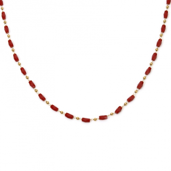 Bild von 1 Strang Vakuumbeschichtung 304 Edelstahl Perlenkette Halskette 18K Vergoldet Rot Zylinder Facettiert 40cm lang