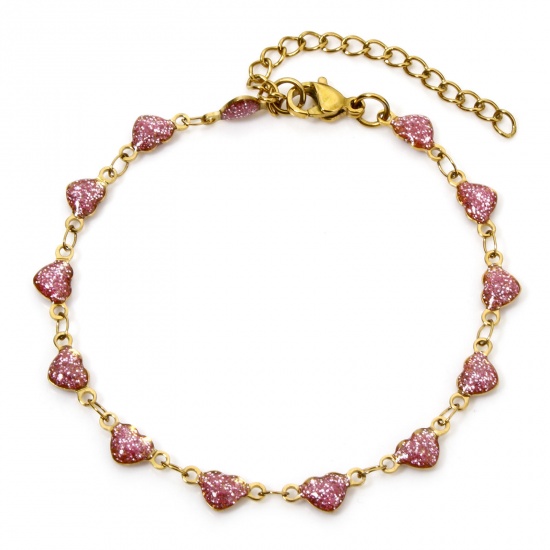 Immagine di 1 Pz Placcatura Sottovuoto 304 Acciaio Inossidabile Sequins Smaltati Catena a Maglia Fatta a Mano Braccialetti Placcato Oro 18K Rosa Cuore Brillio 17cm Lunghezza