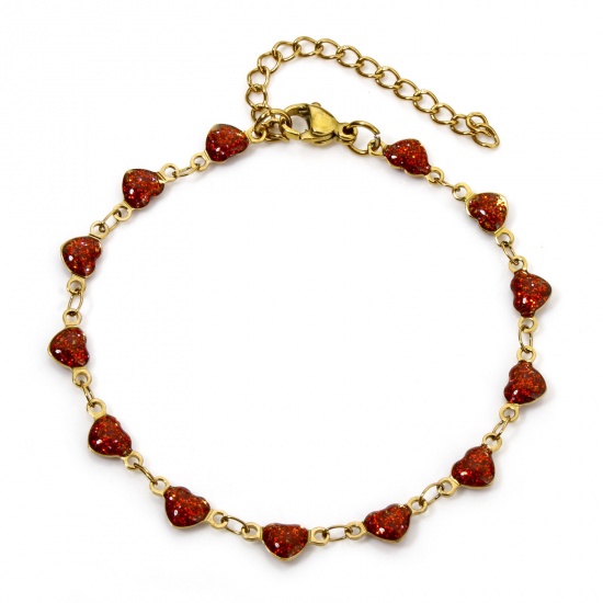 Immagine di 1 Pz Placcatura Sottovuoto 304 Acciaio Inossidabile Sequins Smaltati Catena a Maglia Fatta a Mano Braccialetti Placcato Oro 18K Rosso Cuore Brillio 17cm Lunghezza