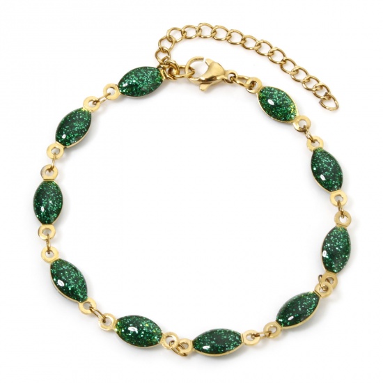 Imagen de 1 Unidad Enchapado al Vacío 304 Acero Inoxidable Lentejuelas Esmaltadas Cadena de Eslabones Hechos a Mano Pulseras Chapado en Oro de 18K Verde Oliva Brillo 17cm longitud