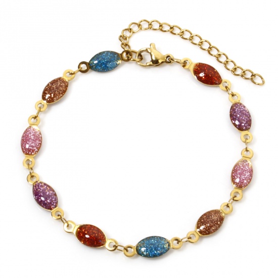 Imagen de 1 Unidad Enchapado al Vacío 304 Acero Inoxidable Lentejuelas Esmaltadas Cadena de Eslabones Hechos a Mano Pulseras Chapado en Oro de 18K Multicolor Oliva Brillo 17cm longitud