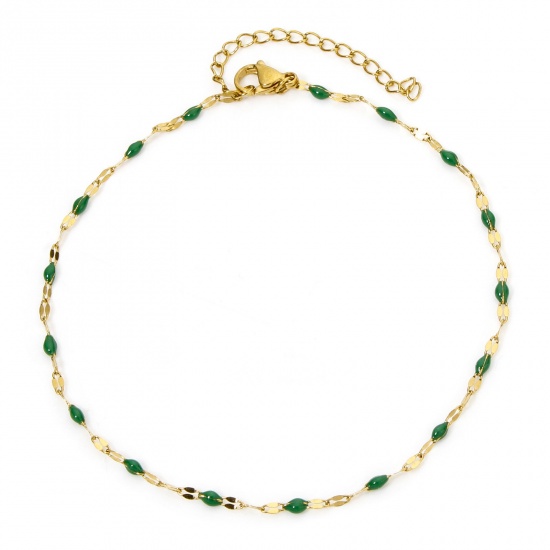 Picture of 1 Piece Vacuum Plating 304 Stainless Steel Lips Chain Anklet 18K Gold Plated Green Enamel 24.5cm(9.6") long