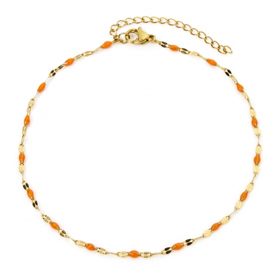 Picture of 1 Piece Vacuum Plating 304 Stainless Steel Lips Chain Anklet 18K Gold Plated Orange Enamel 24.5cm(9.6") long