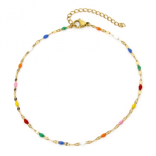 Picture of 1 Piece Vacuum Plating 304 Stainless Steel Lips Chain Anklet 18K Gold Plated Multicolor Enamel 24.5cm(9.6") long