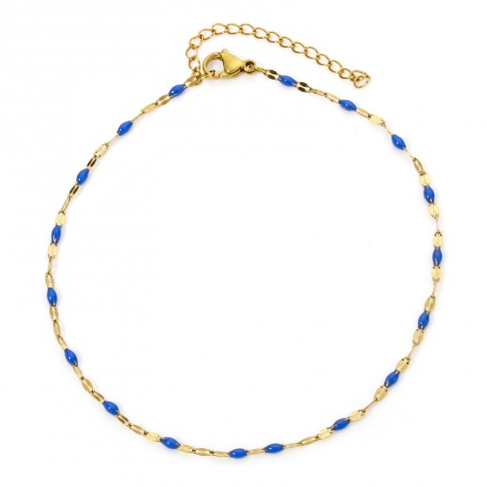 Picture of 1 Piece Vacuum Plating 304 Stainless Steel Lips Chain Anklet 18K Gold Plated Royal Blue Enamel 24.5cm(9.6") long