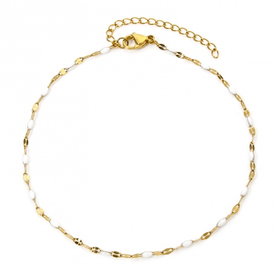 Picture of 1 Piece Vacuum Plating 304 Stainless Steel Lips Chain Anklet 18K Gold Plated White Enamel 24.5cm(9.6") long