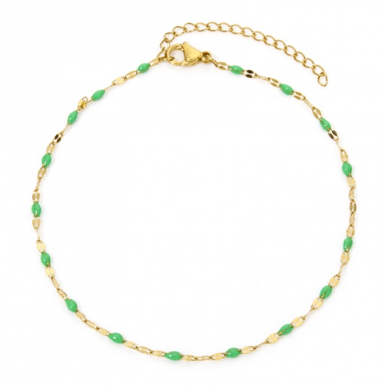 Picture of 1 Piece Vacuum Plating 304 Stainless Steel Lips Chain Anklet 18K Gold Plated Fruit Green Enamel 24.5cm(9.6") long